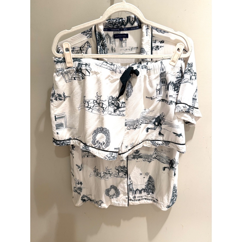 Katie Kime Christmas Toile Pajama Set Womens 3XL White Navy Holiday Shorts Shirt